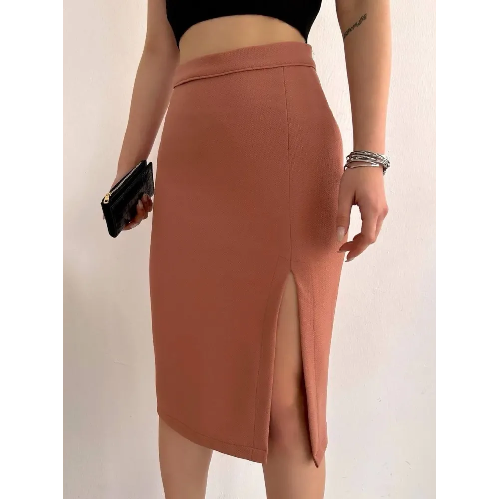 Uzun Midi Boy Yırtmaçlı Etek Somon S24907 (Beden: L)