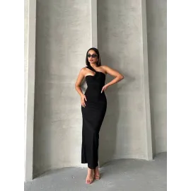 Krinkıl Tek Omuz Uzun Elbise Siyah S25455 (Beden: S)