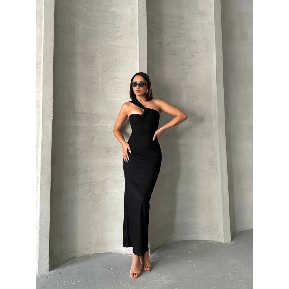 Krinkıl Tek Omuz Uzun Elbise Siyah S25455 (Beden: L)