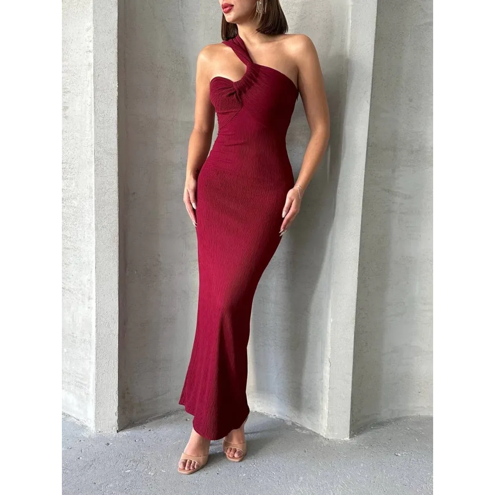 Krinkıl Tek Omuz Uzun Elbise Bordo S25455 (Beden: L)