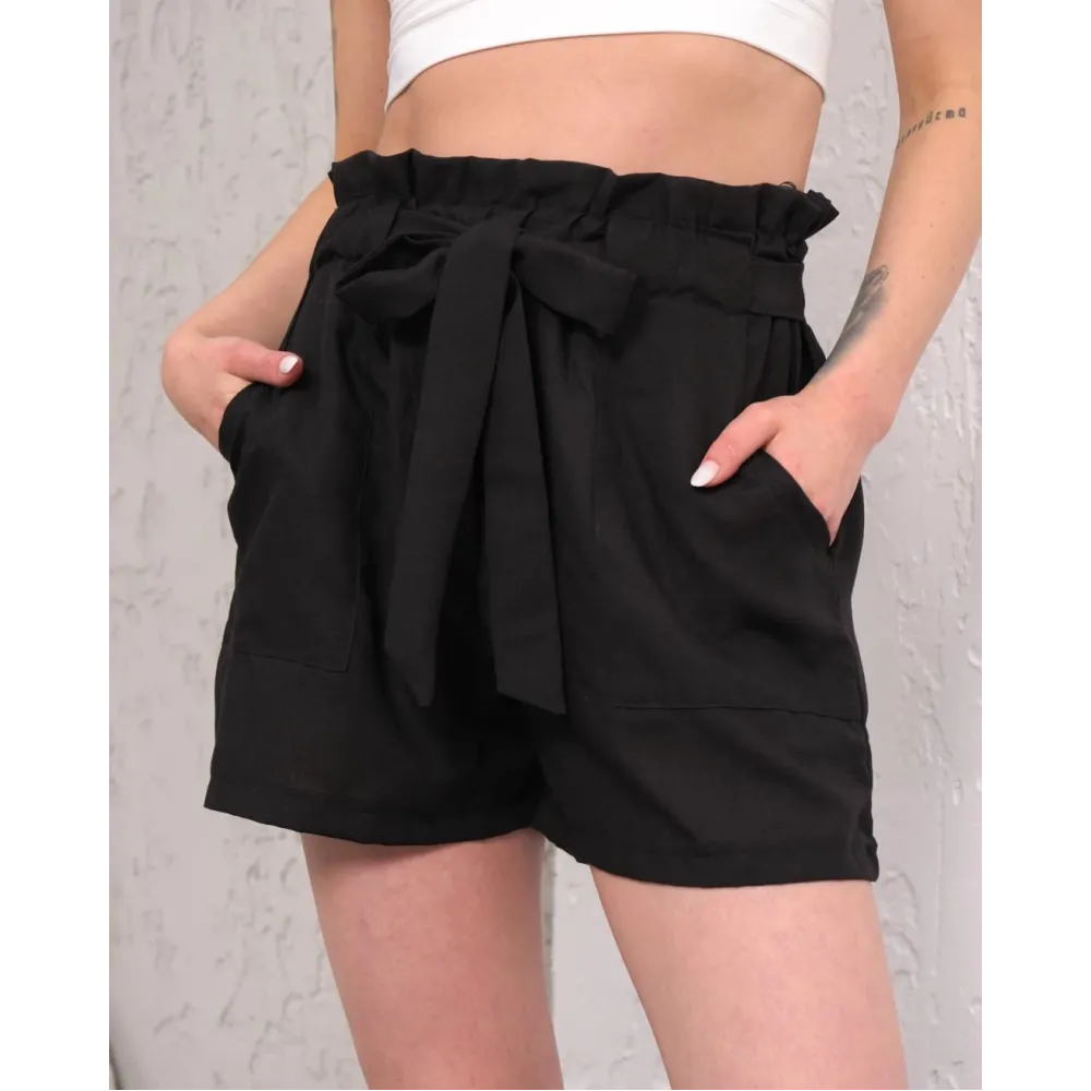 Kuşaklı Keten Şort Siyah S255265 (Beden: M)