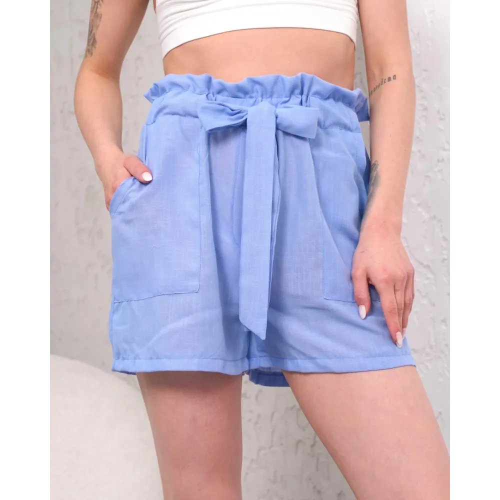 Kuşaklı Keten Şort Mavi S255265 (Beden: M)