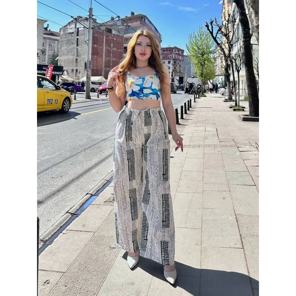 Baskılı Bağcıklı Keten Pantolon Krem (Beden: Standart)