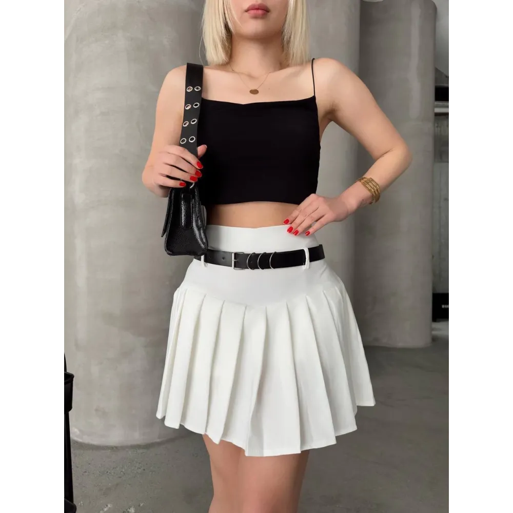 Kemerli Piliseli Şort Etek Beyaz S25305 (Beden: Xl)