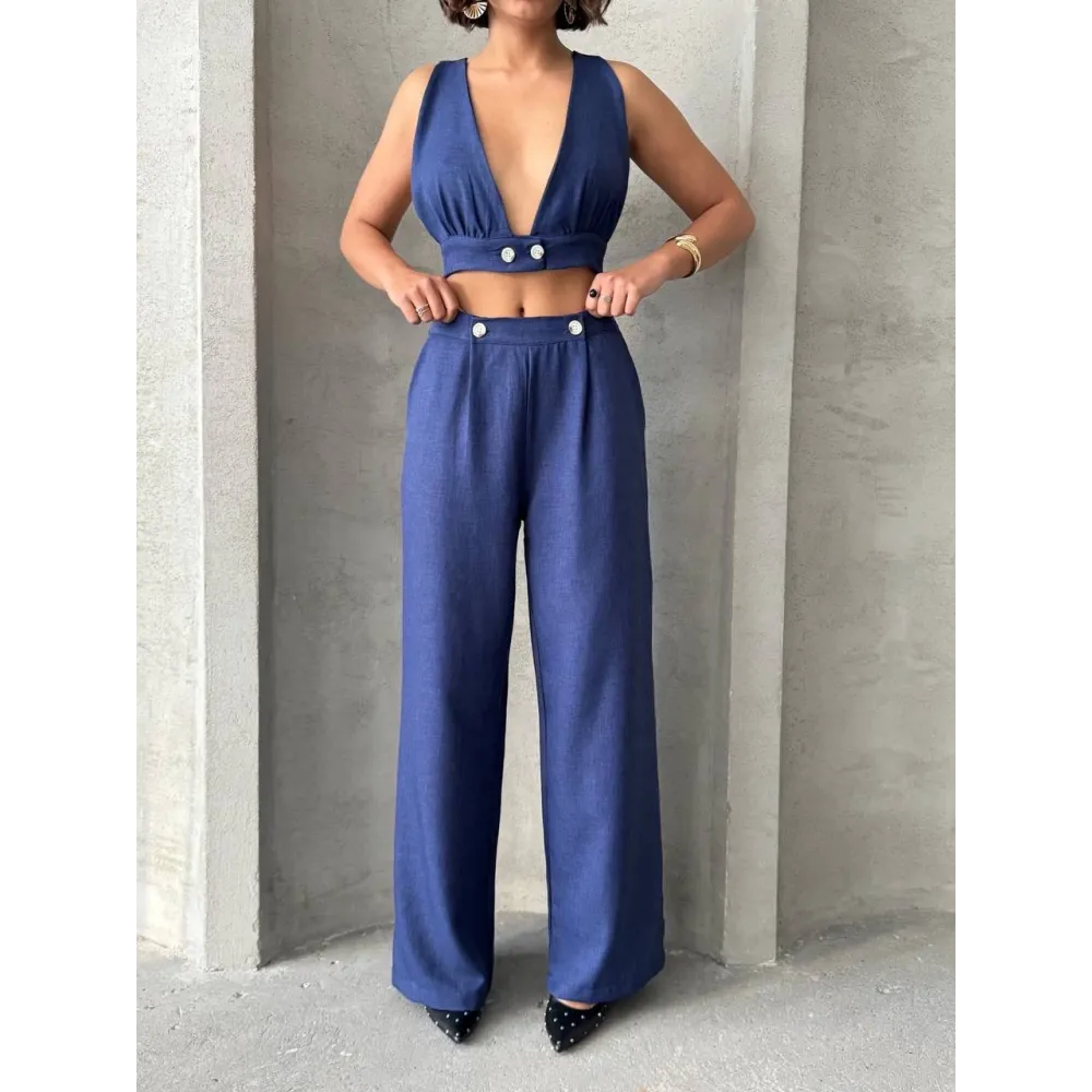 Crop Pantolon Keten Takım S255012 Lacivert (Beden: M)