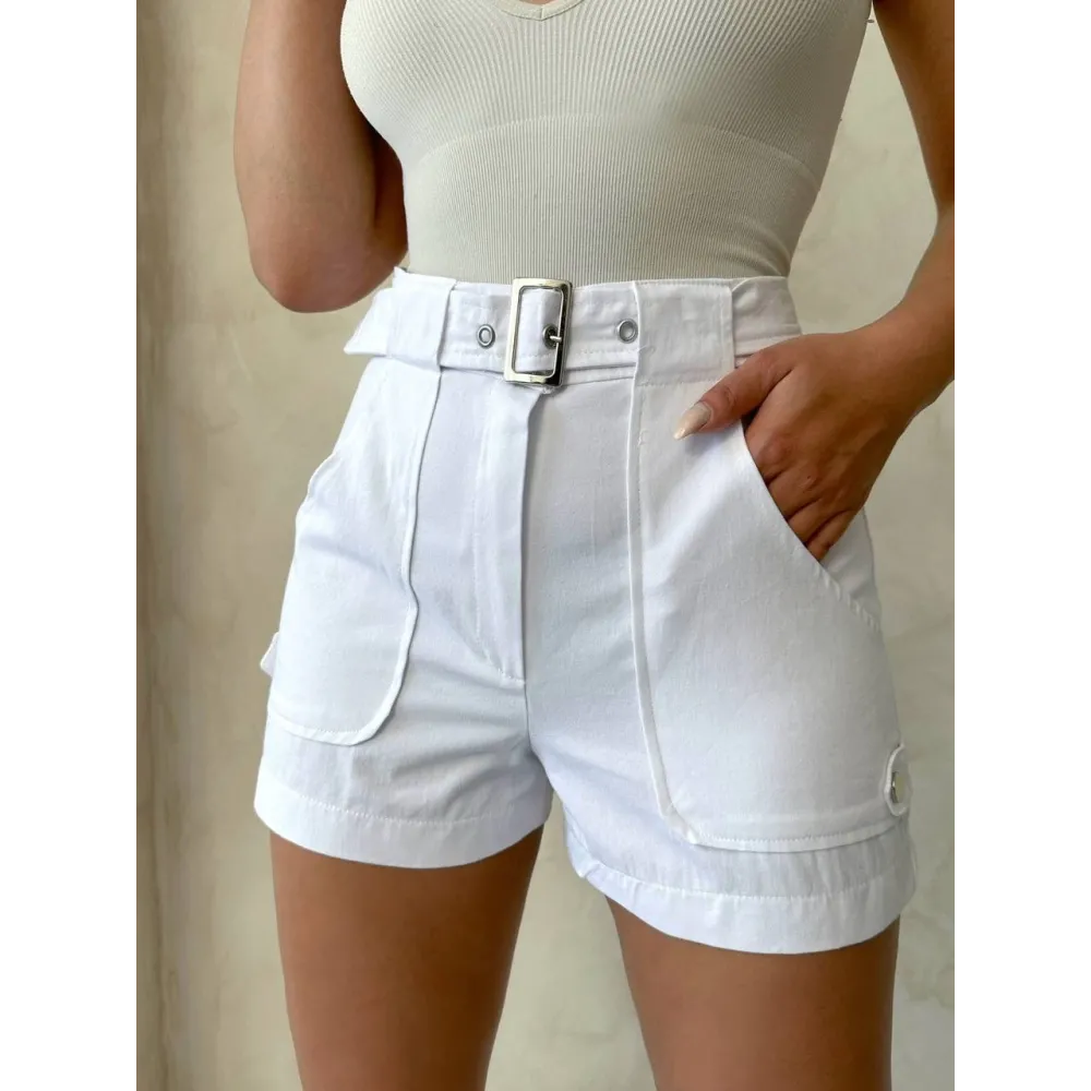 Kemer Detaylı Gabardin Şort Beyaz S25289 (Beden: Xl)