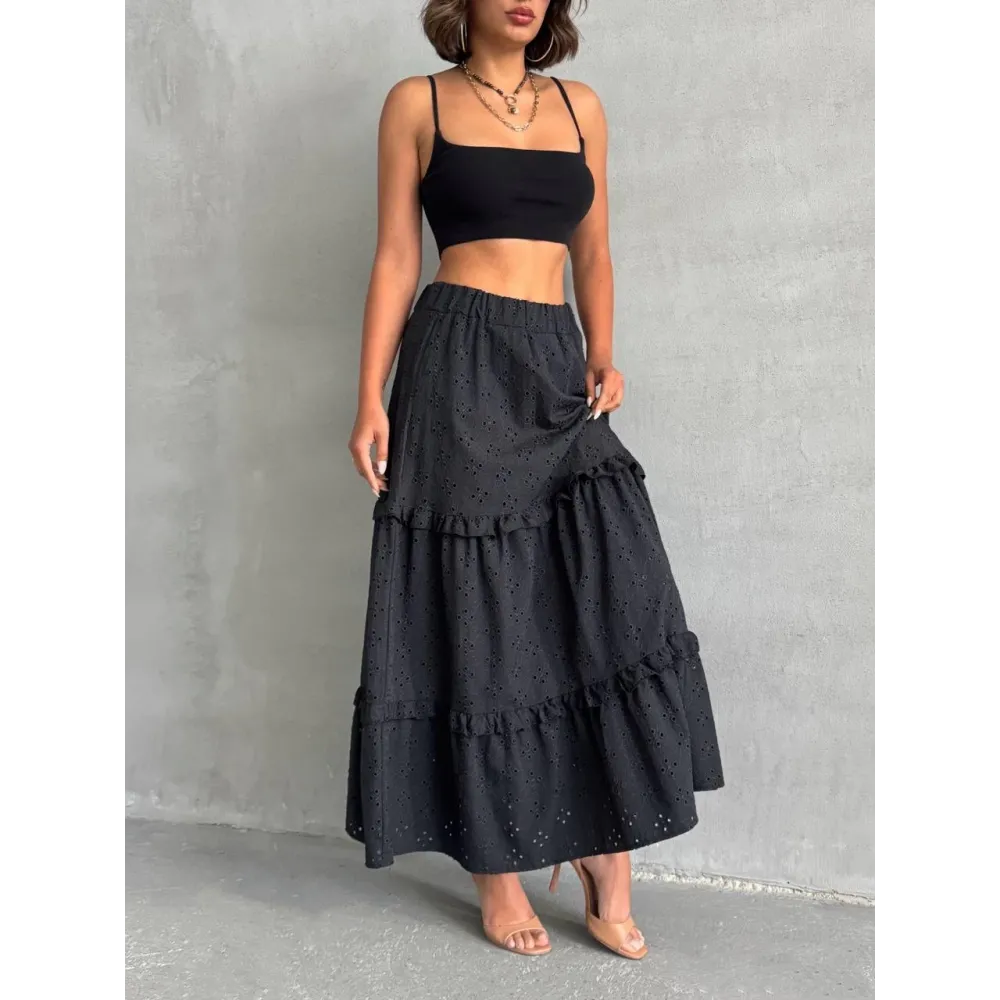 Fırfırlı Brodeli Astarlı Uzun Etek Siyah S255047 (Beden: S)