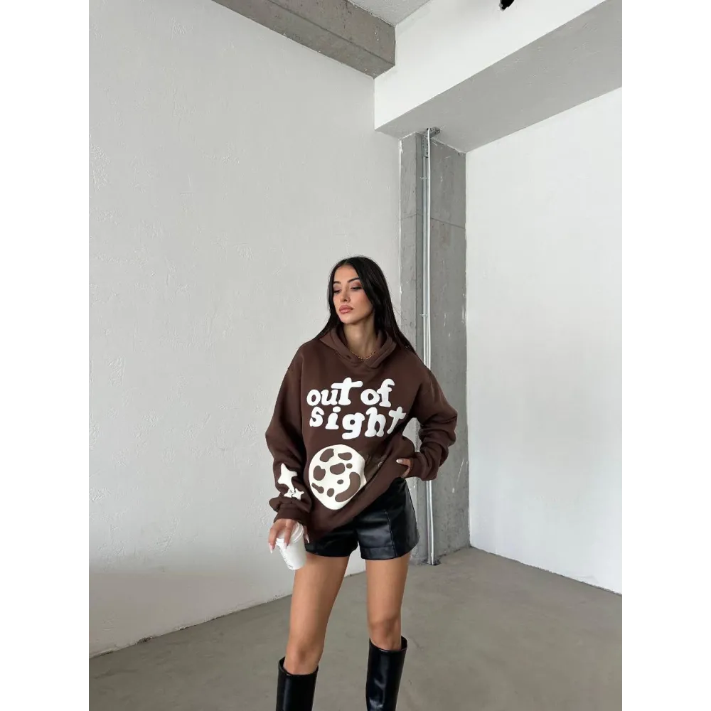 3 İplik Şardonlu Oversize Out Of Baskılı Sweat Kahve (Beden: L)