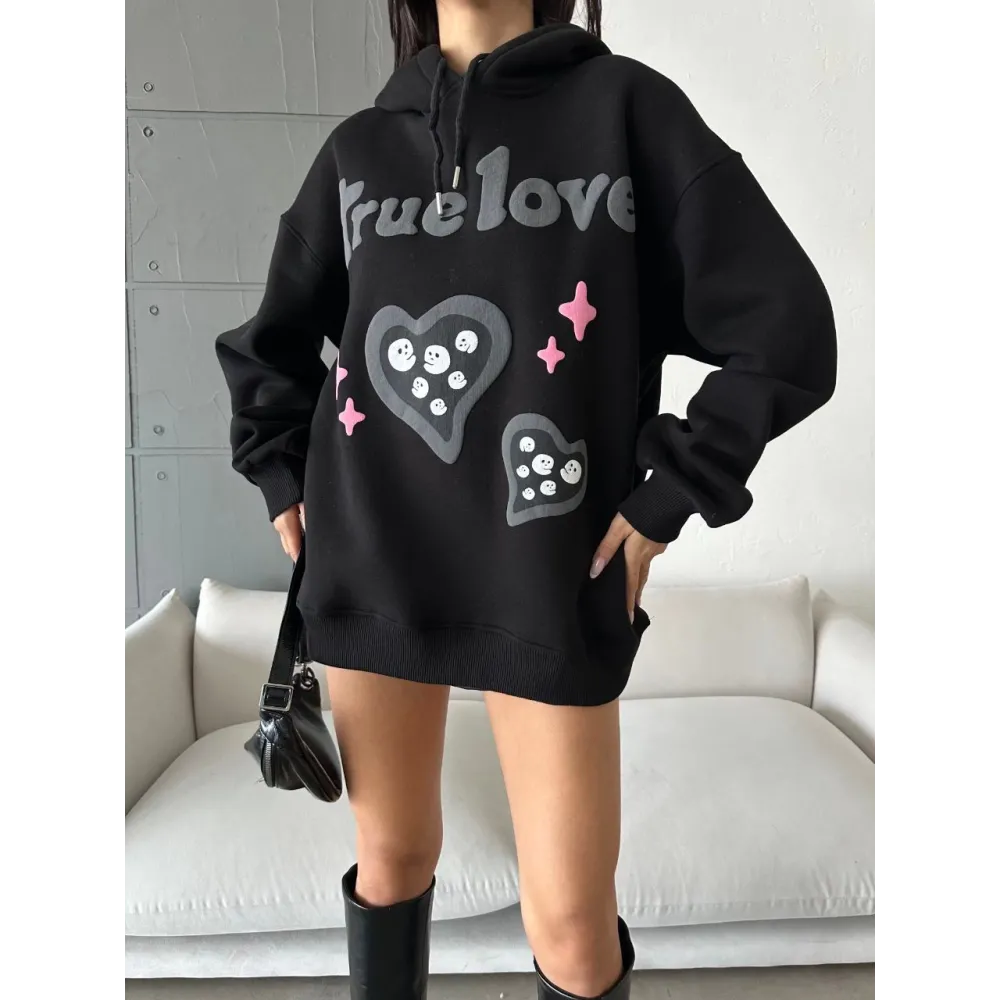 3 İplik Şardonlu Oversize True Baskılı Sweat Siyah (Beden: L)