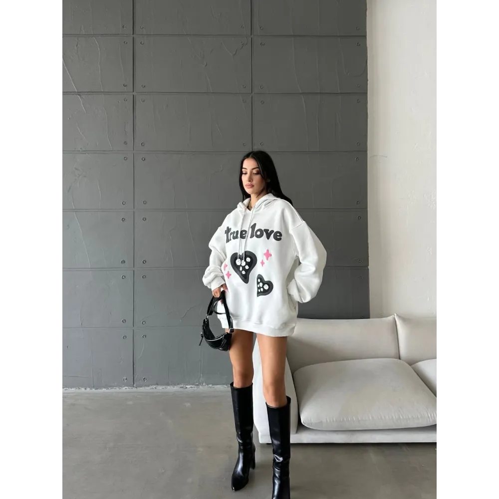 3 İplik Şardonlu Oversize True Baskılı Sweat Beyaz (Beden: M)