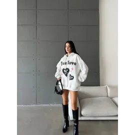 3 İplik Şardonlu Oversize True Baskılı Sweat Beyaz (Beden: M)