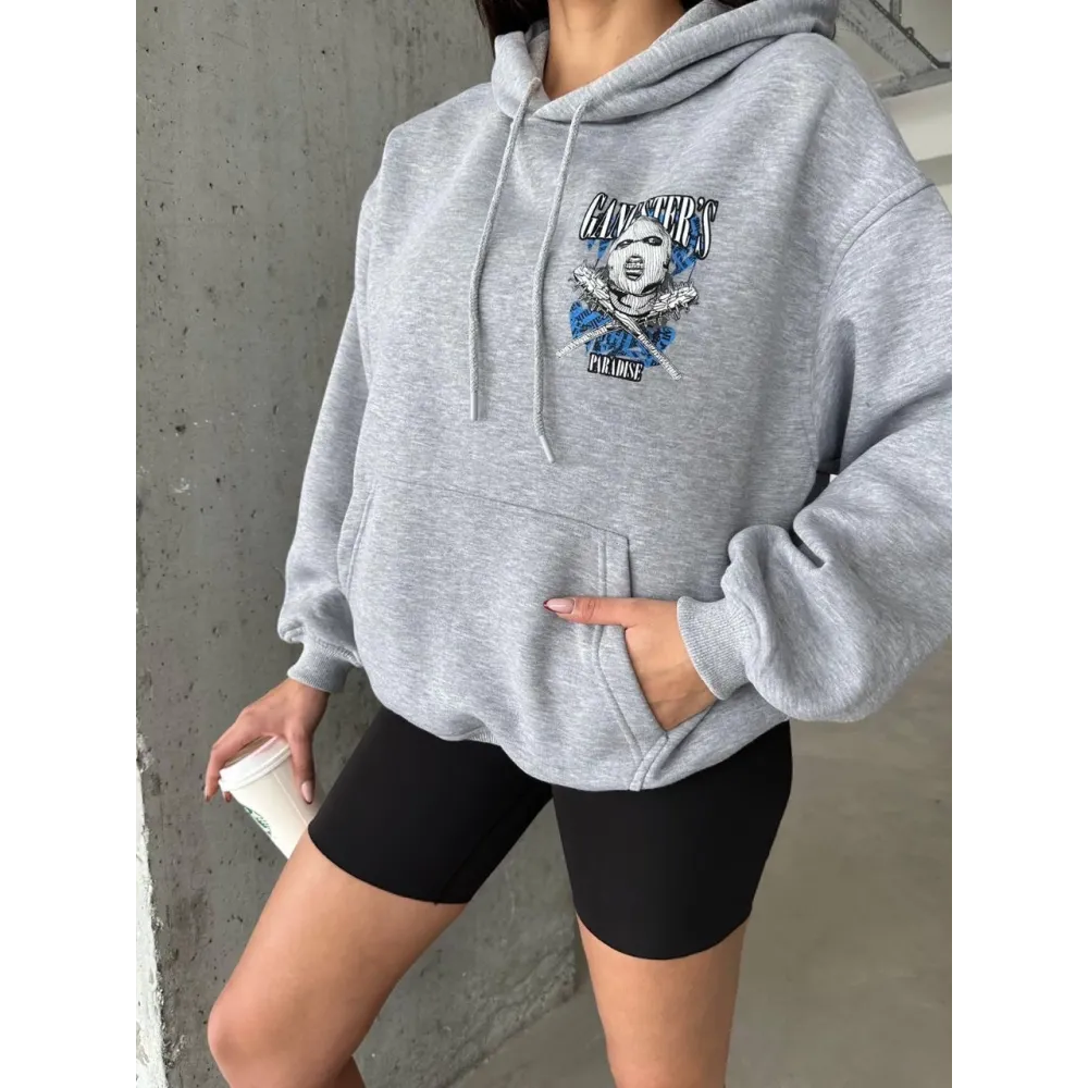 3 İplik Şardonlu Oversize Kafa Baskılı Sweat Gri (Beden: M)