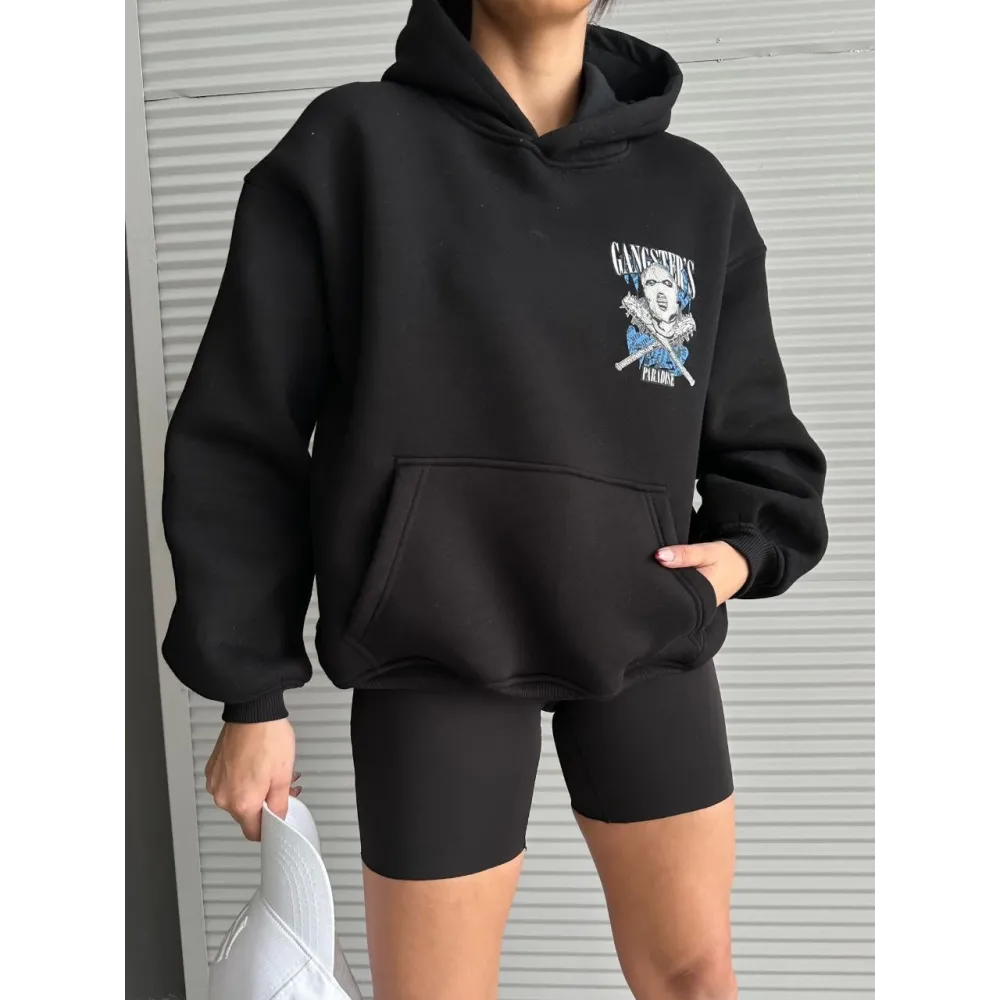 3 İplik Şardonlu Oversize Kafa Baskılı Sweat Siyah (Beden: M)