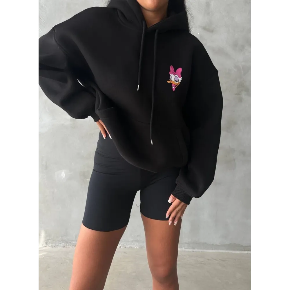 3 İplik Şardonlu Oversize Compact Ördek Baskılı Sweat Siyah (Beden: M)