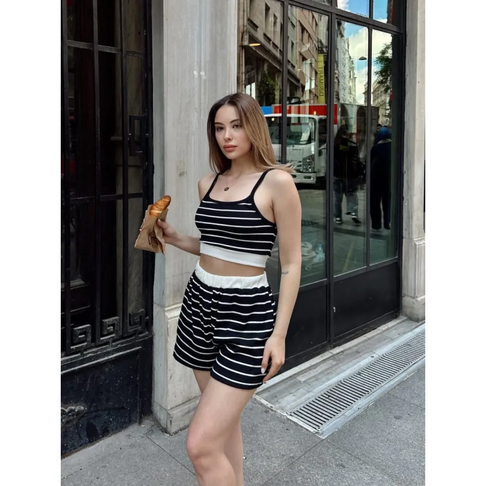 Çizgili Şortlu Takım Siyah S3978 (Beden: M)