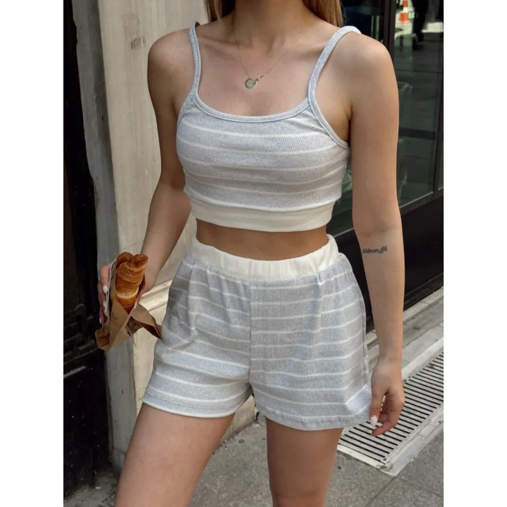 Çizgili Şortlu Takım Gri S3978 (Beden: Xl)