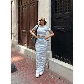 Çizgili Etekli Takım Mavi S3609 (Beden: L)