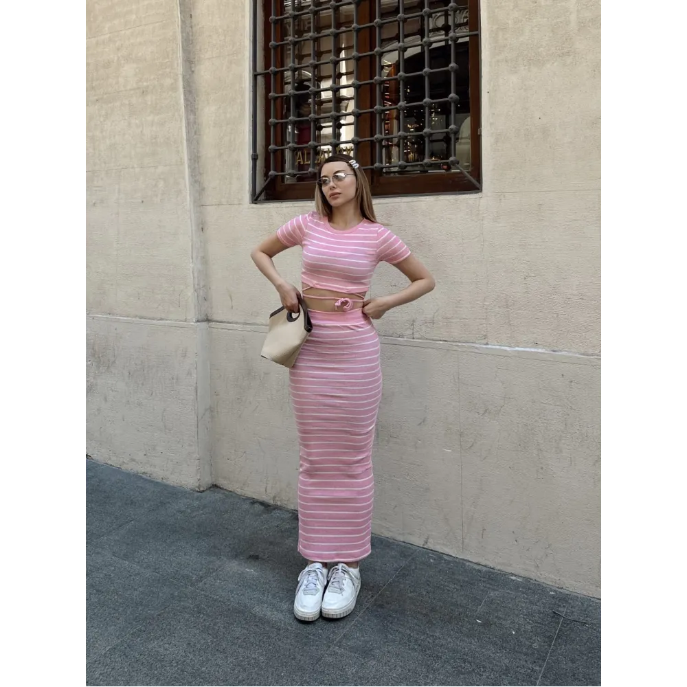 Çizgili Etekli Takım Pembe S3609 (Beden: S)