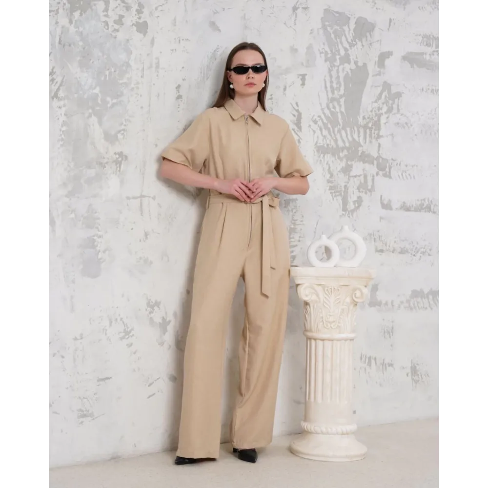 Kuşaklı Gömlek Yaka Salaş Tulum Bej S255822 (Beden: S)