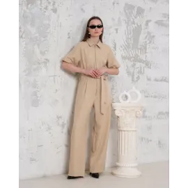 Kuşaklı Gömlek Yaka Salaş Tulum Bej S255822 (Beden: L)