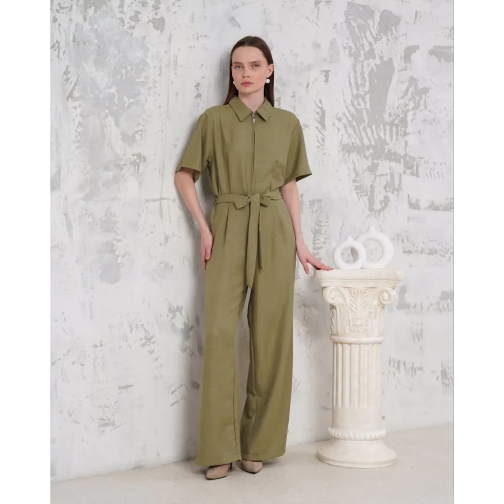 Kuşaklı Gömlek Yaka Salaş Tulum Haki S255822 (Beden: M)