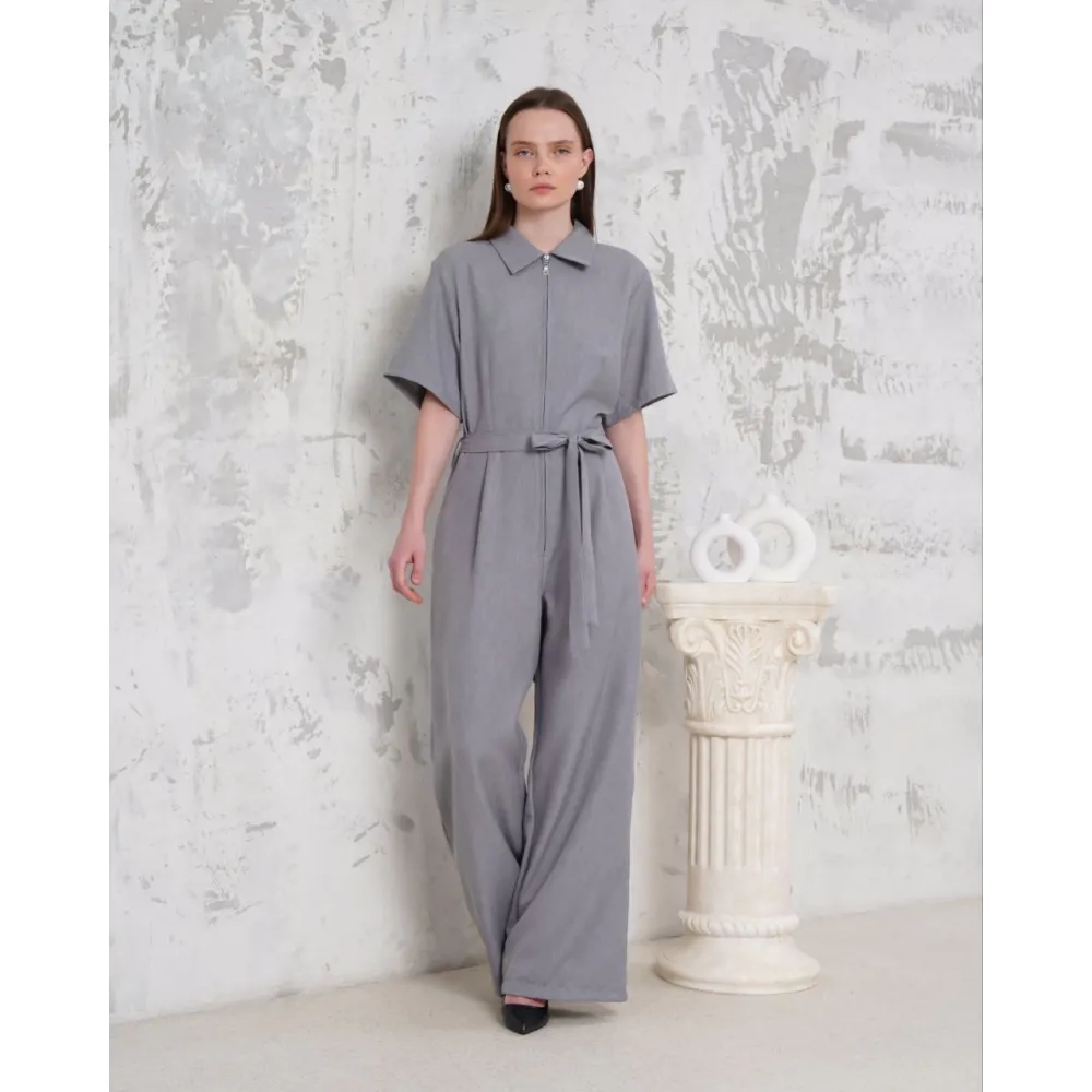 Kuşaklı Gömlek Yaka Salaş Tulum Gri S255822 (Beden: M)