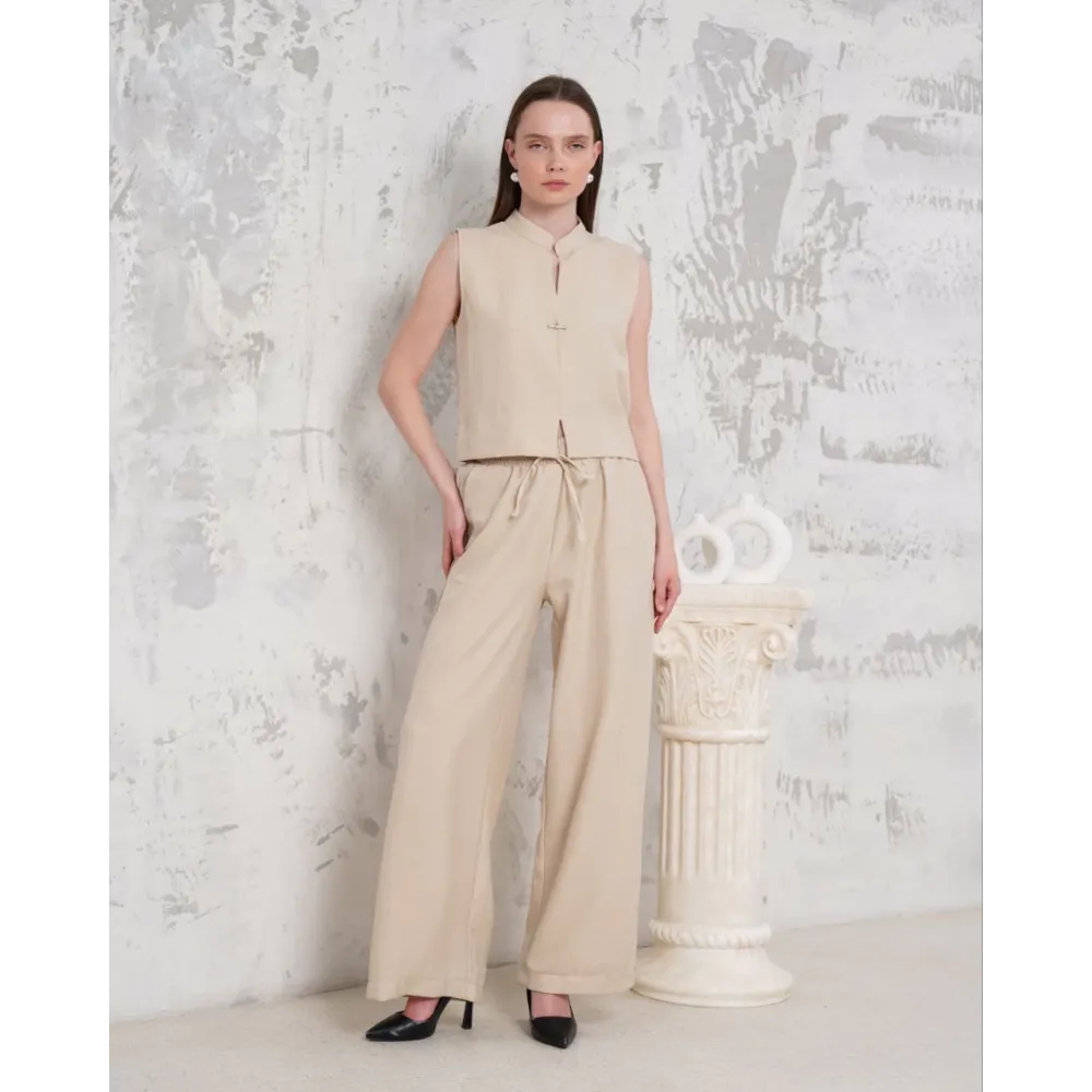 Broşlu Yelek Pantolon Takım Bej S255821 (Beden: M)