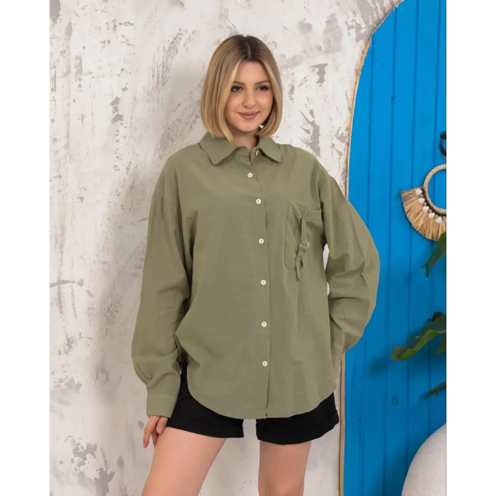 Relax Fit Keten Gömlek Haki S255349 (Beden: S)