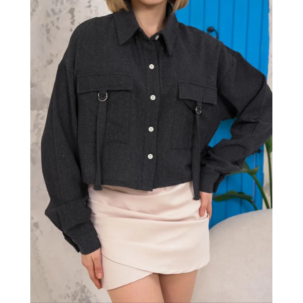 Kemer Cepli Keten Crop Gömlek Siyah S255350 (Beden: S)