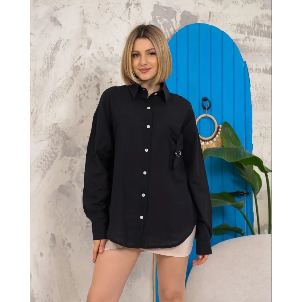 Relax Fit Keten Gömlek Siyah S255349 (Beden: M)