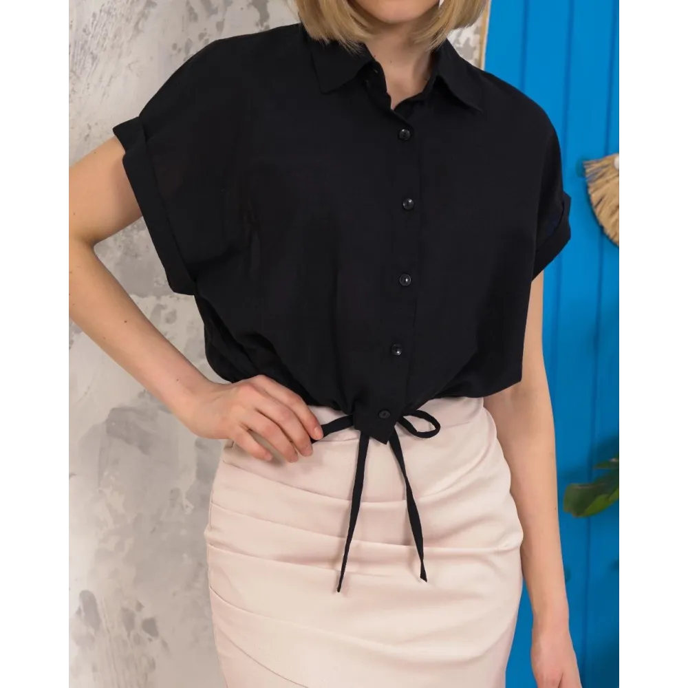 Sıfır Kollu Bağlamalı Crop Gömlek Siyah S255359 (Beden: S)