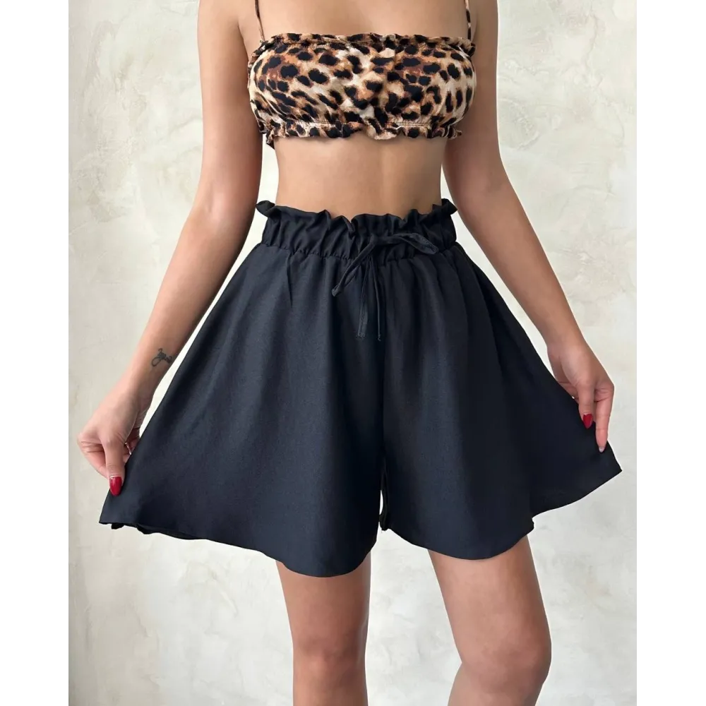 Volanlı Keten Şort Siyah S255058 (Beden: M)