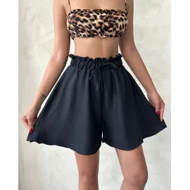 Volanlı Keten Şort Siyah S255058 (Beden: M)