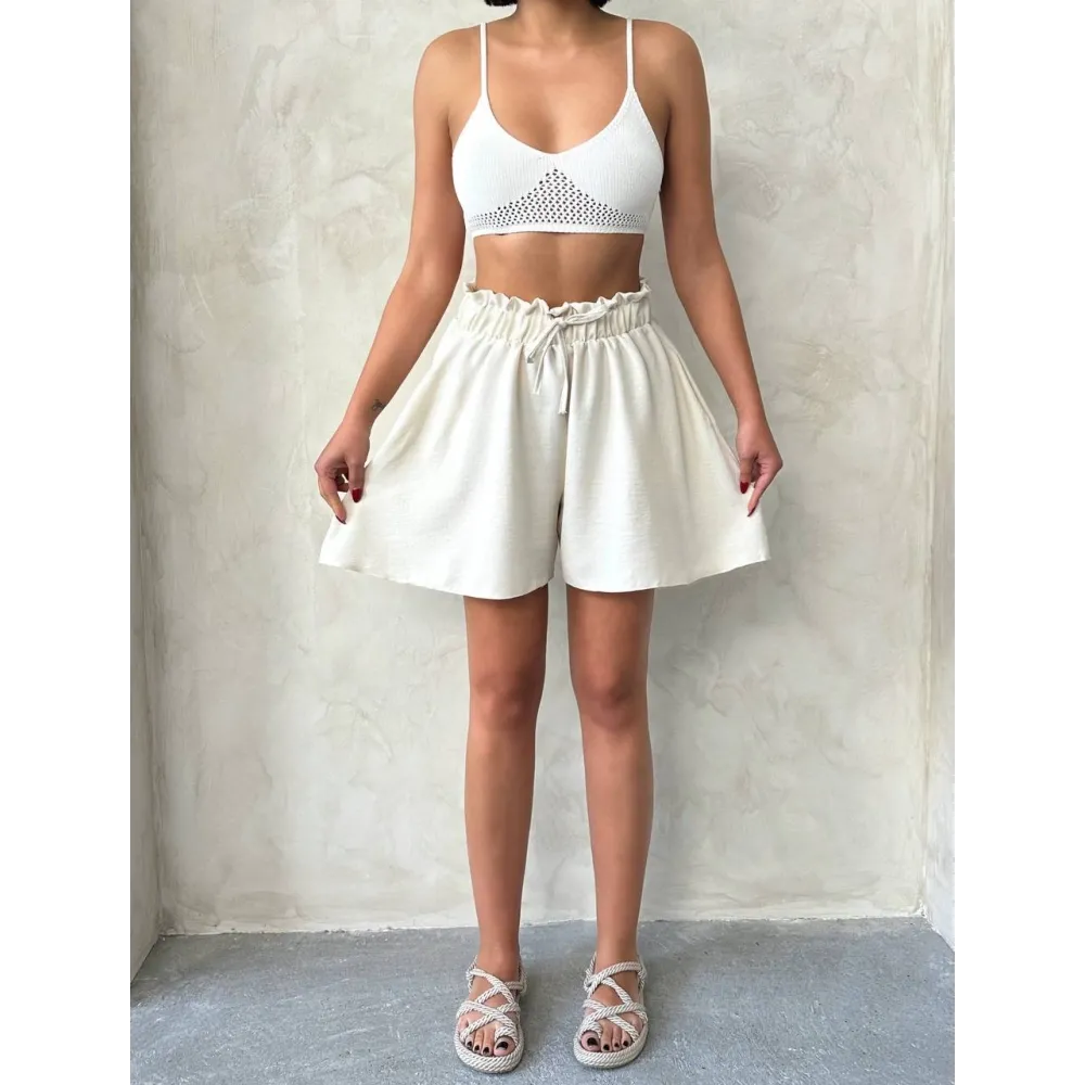 Volanlı Keten Şort Bej S255058 (Beden: M)