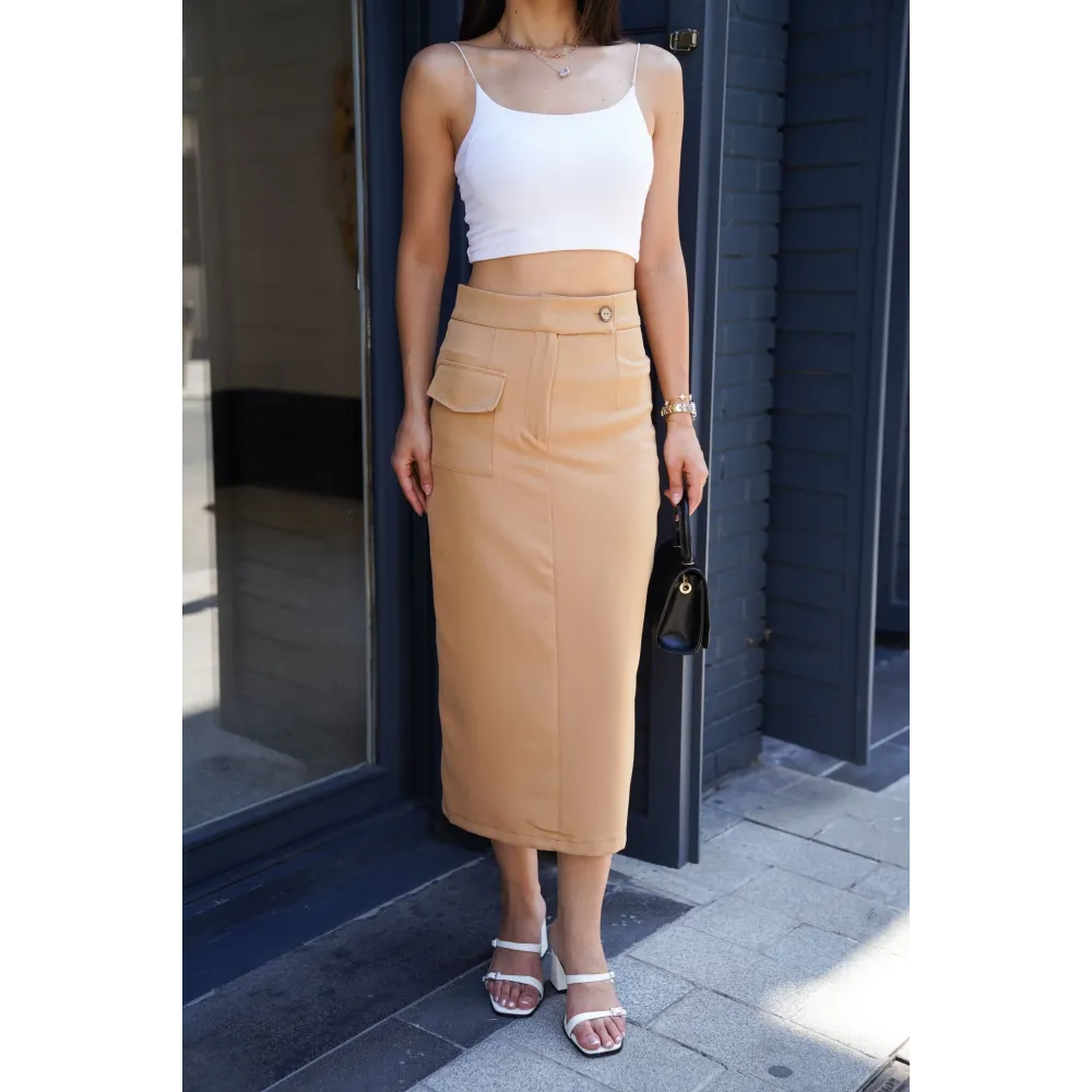 Uzun Düğmeli Etek Bej (Beden: L)