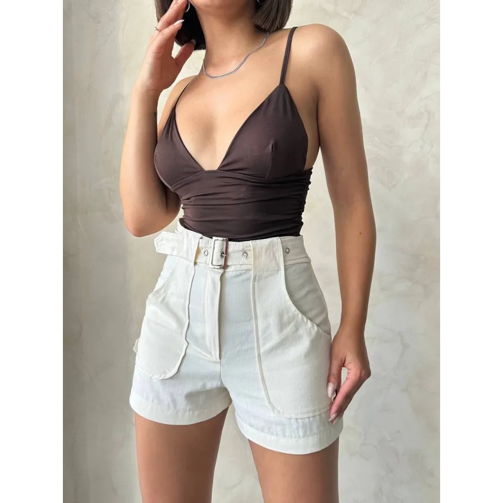 Kemer Detaylı Gabardin Şort Krem S25289 (Beden: M)