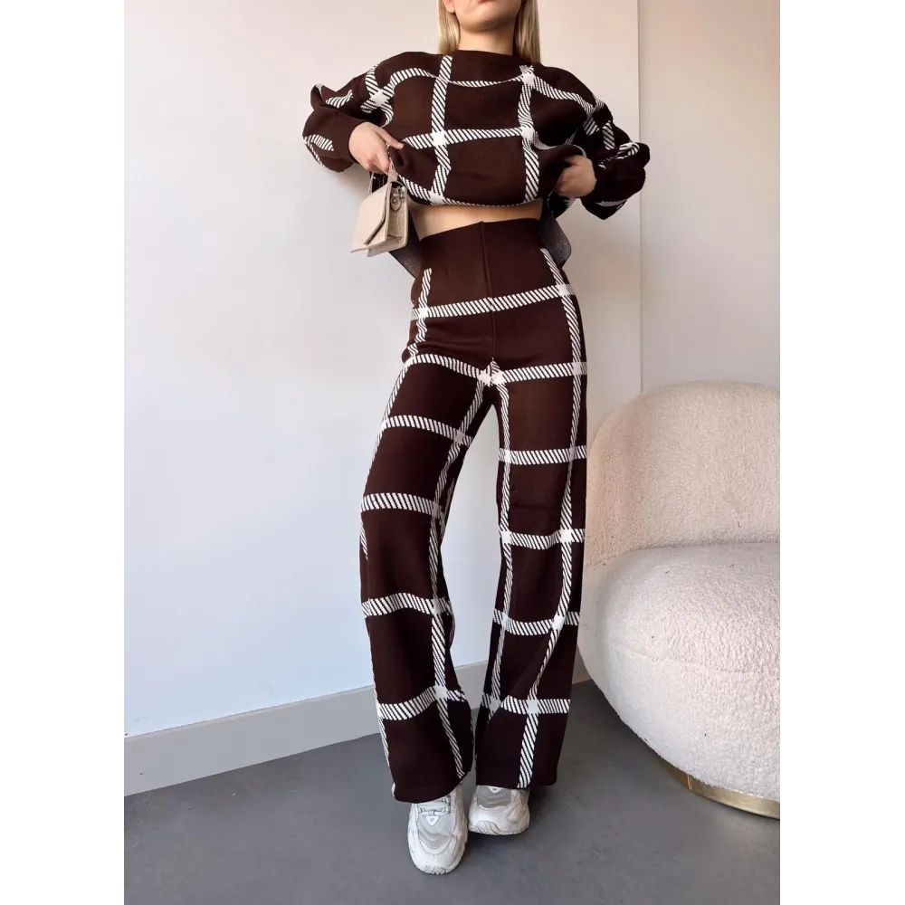 Ekoseli Triko Takım Kahvebeyaz (Beden: Standart)