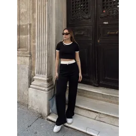 Crop Pantolon Biyeli Takım Siyah (Beden: M)