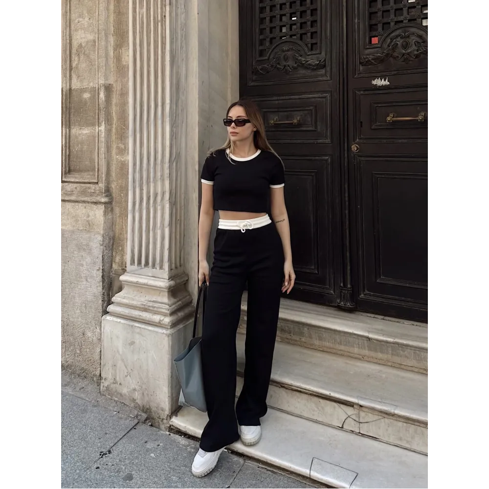 Crop Pantolon Biyeli Takım Siyah (Beden: L)