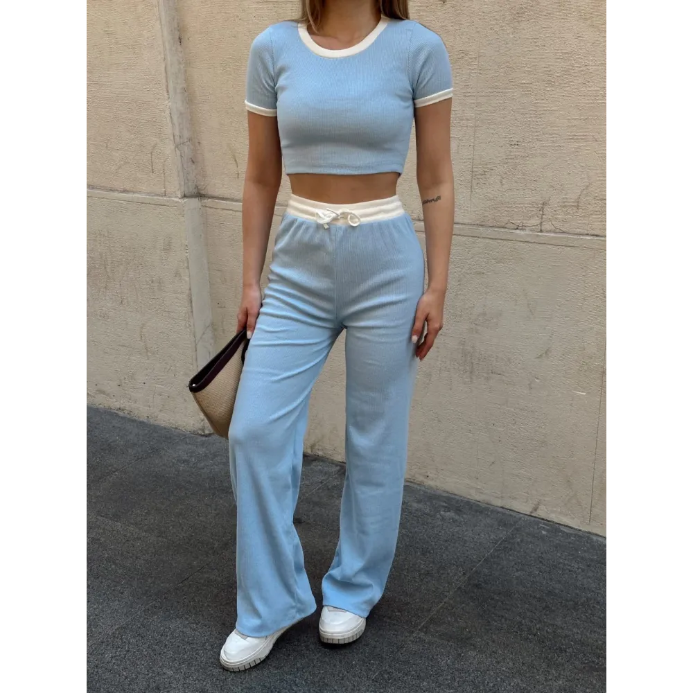Crop Pantolon Biyeli Takım Mavi (Beden: L)
