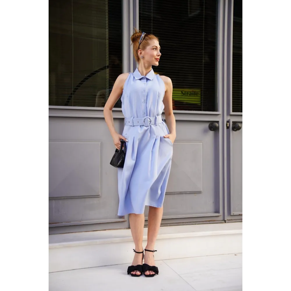 Gömlek Yaka Kemerli Elbise Mavi S255061 (Beden: Xl)