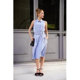 Gömlek Yaka Kemerli Elbise Mavi S255061 (Beden: Xl)
