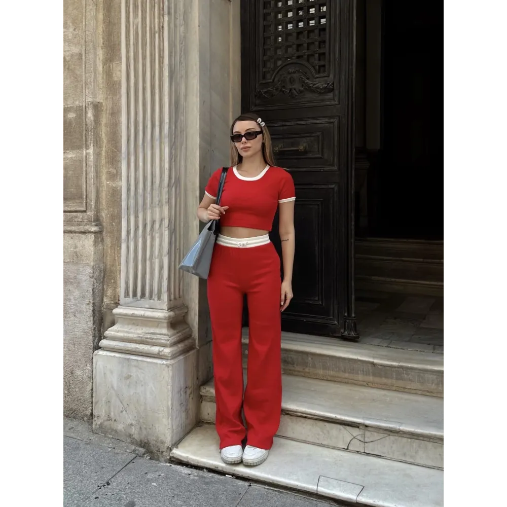 Crop Pantolon Biyeli Takım Kırmızı (Beden: S)