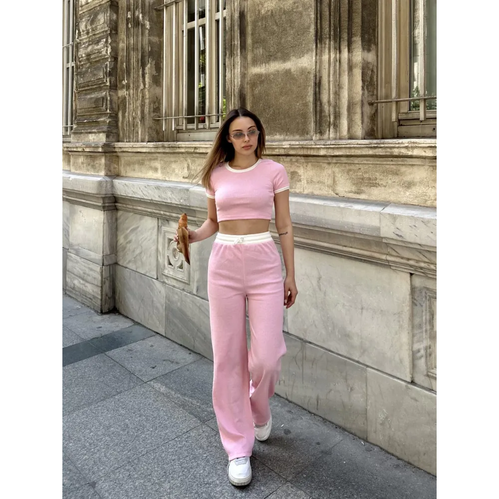 Crop Pantolon Biyeli Takım Pembe (Beden: M)