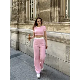 Crop Pantolon Biyeli Takım Pembe (Beden: L)