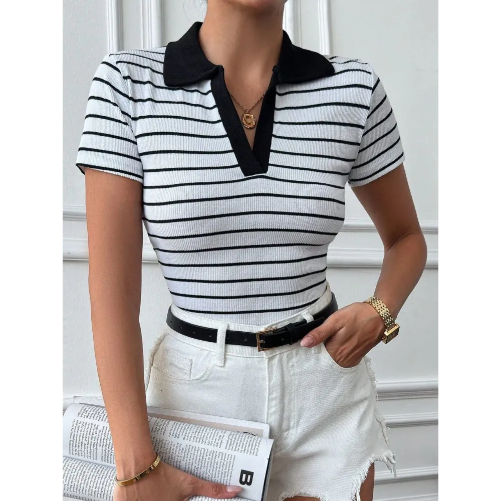 Polo Yaka Garnili Bluz Beyazsiyah (Beden: L)