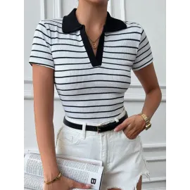 Polo Yaka Garnili Bluz Beyazsiyah (Beden: L)