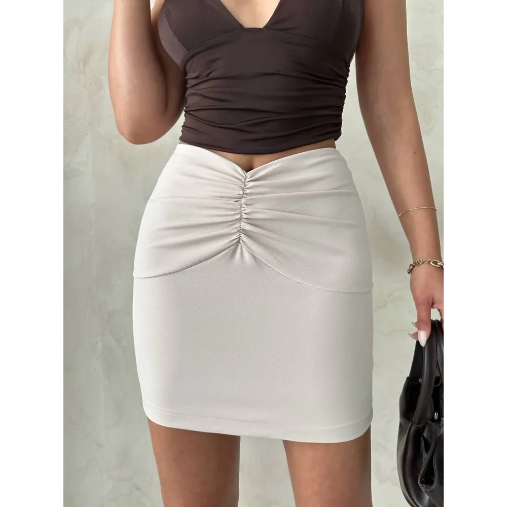 Önü Büzgülü Etek Bej S24222 (Beden: L)