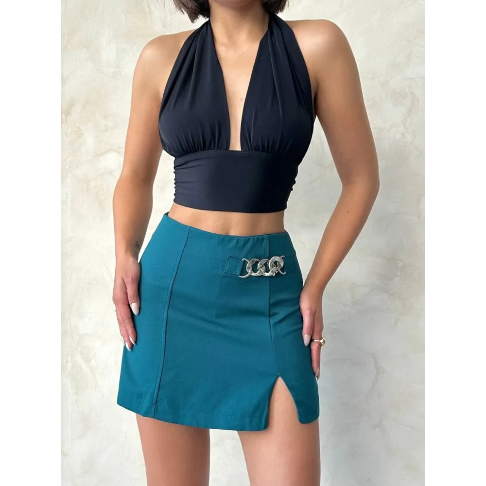 Zincirli Şort Etek Petrol Yeşili S24676 (Beden: L)