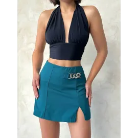 Zincirli Şort Etek Petrol Yeşili S24676 (Beden: L)